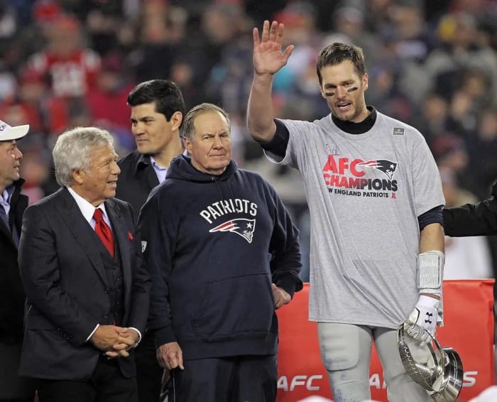Robert Kraft, left, Bill Belichick, middle, and Tom Brady